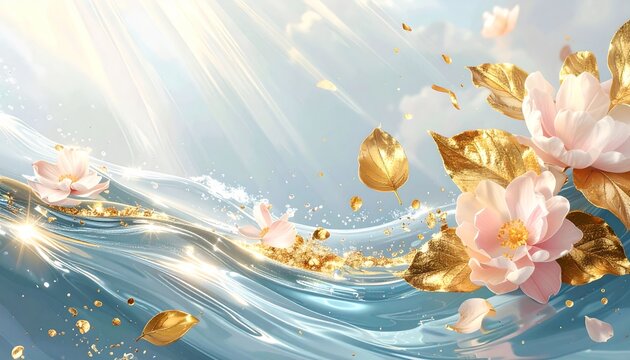 Serene Water with Pink Flowers and Golden Sparkles