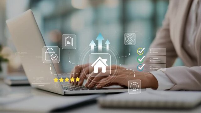 Businesswoman in modern office using animated house icon, property strategy platform, residential investment planning, housing analytics, asset growth and enterprise real estate management