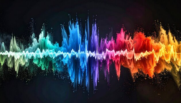 Abstract sound wave visualization with vibrant rainbow colors and particles isolated on a dark background for modern technology concepts.