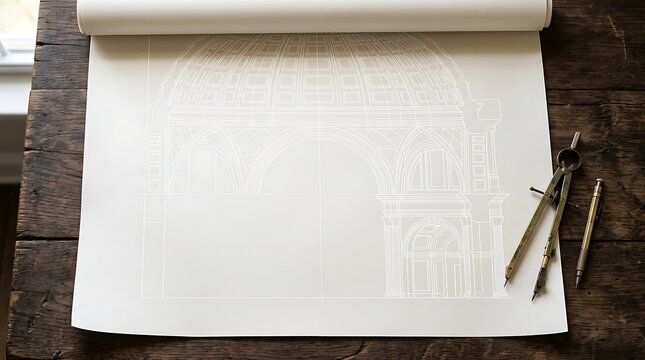 Open architectural sketchbook paper roll with classic compass drafting divider on wooden table background