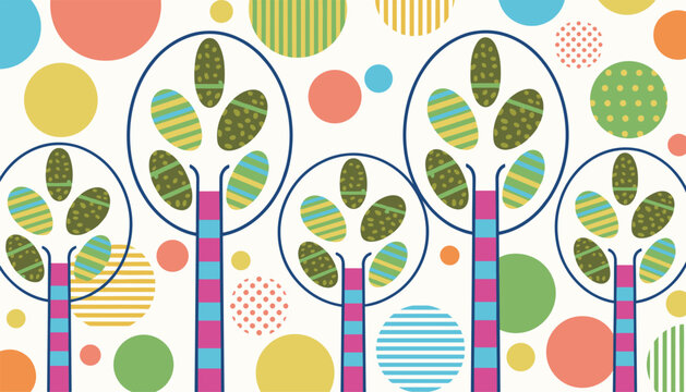 Stylized abstract trees with colorful patterned egg shape foliage over retro circle background for easter concept.