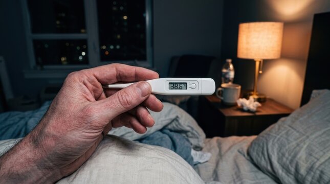 Person Holding Thermometer In Bedroom Showing Fever During Nighttime