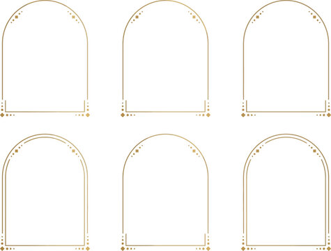 A set of six golden decorative arch frames provides a refined aesthetic for wedding invitations and luxury stationery projects that require sophisticated typography layouts within a gilded