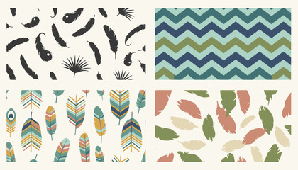 Naklejka premium Set of four seamless patterns featuring feather designs and a chevron geometric pattern in green and neutral tones.