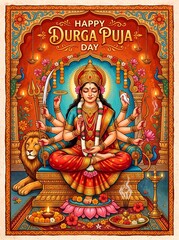 Obraz premium Happy Durga Puja Day Card Illustration