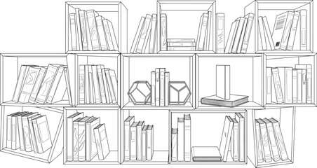 Modern abstract line art vector illustration of geometric bookshelves filled with books © MdArif