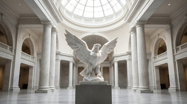 Majestic white eagle sculpture standing in a grand neoclassical hall with marble columns and a domed glass ceiling atrium