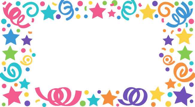 Colorful party border frame with confetti stars and curly ribbons for festive celebration design Vector