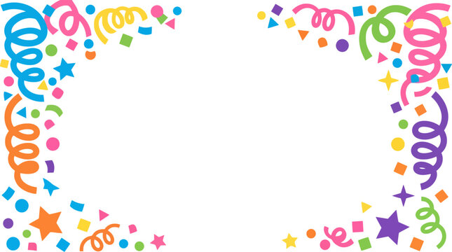 Colorful party confetti border with streamers and stars for festive celebrations and events Vector