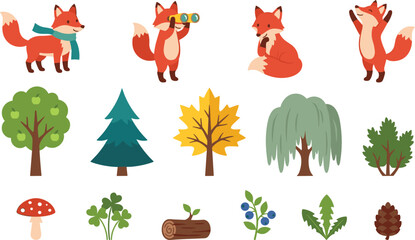 Fototapeta premium Cute Cartoon Woodland Fox and Forest Elements Vector Set Featuring Trees, Leaves, Mushroom, Berries, Pinecone, Log, and Happy Fox Characters