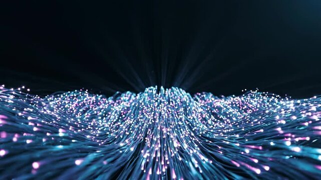 Data Streaming Through Fiber Optic Cables with Glowing Threads Converging Symbolizing Digital Telecommunications