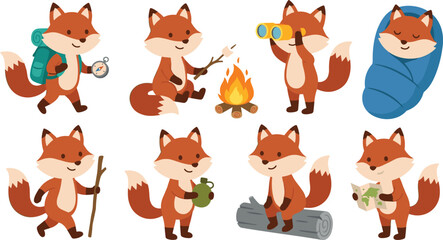 Naklejka premium Cute Cartoon Camping Fox Character Vector Set Featuring Cute Animal Hiking, Roasting Marshmallows, Sleeping, Using Binoculars, and Looking at Map Illustrations