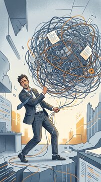 Businessman pulling a huge tangled ball of cables and gears representing work stress and complexity