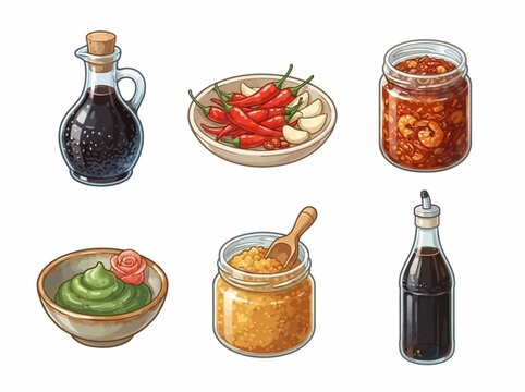 Asian food condiments and sauces set. Spicy chili paste and soy sauce vector illustration.