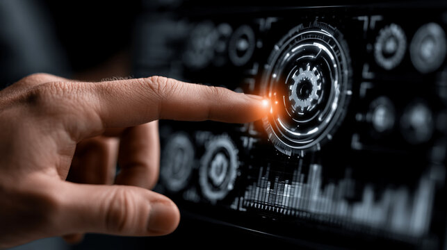 Human index finger interacts with a circular data visualization interface featuring rotating gear elements.