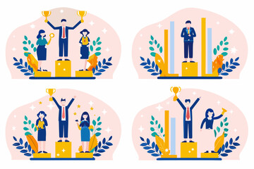 Obraz premium victory celebration icons in flat vector style trophy award winning success achievement people