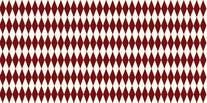 Elegant geometric seamless pattern features alternating chery red and cream rhombuses arranged in a classic harlequin diamond grid.eps10