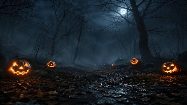  spooky foggy forest path illuminated by glowing jack-o'-lanterns under a full moon at night.