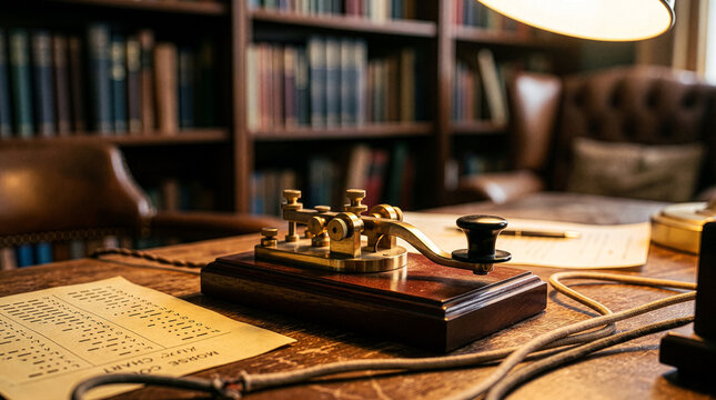 Vintage Brass Morse Code Telegraph Key with Chart on Antique Wooden Desk