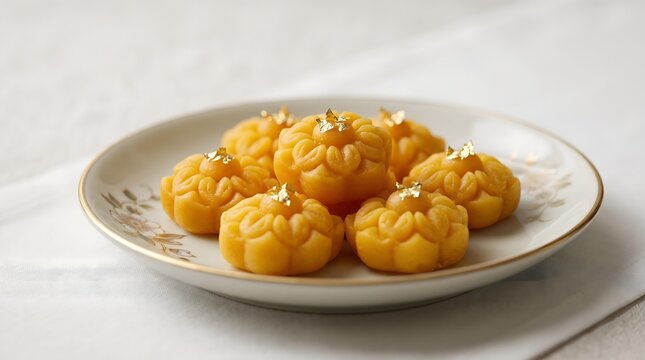 traditional Thai Dessert designed with ultra-realistic food photography Premium Close-Up of Traditional Thai Kanom Luk Chup with Gold Leaf Decoration on Elegant Floral Plate