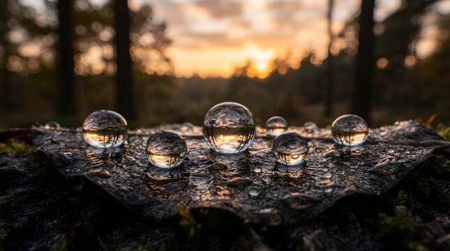 Water droplets on a leaf reflecting a sunset forest