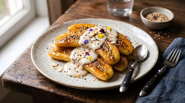 traditional Thai Dessert designed with ultra-realistic food photography Caramelized Banana Dessert with Yogurt and Edible Flowers on Rustic Wood Table with Soft Natural Lighting