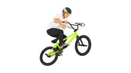 Fototapeta premium Asian Male BMX Rider Executing Barspin Trick on Green Bike