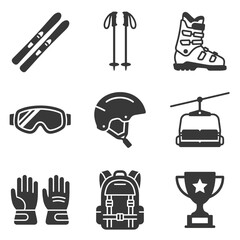 Fototapeta premium Black winter sports icons featuring skiing equipment and alpine cable car.