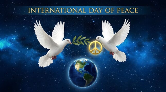 Two white doves flying around Earth with stars