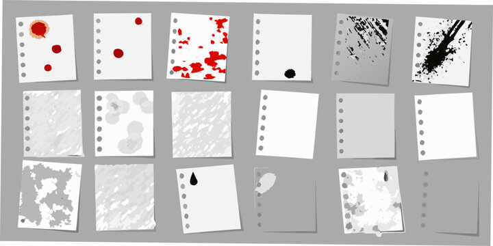 Torn paper sheets with ink splatters and distressed textures vector illustration