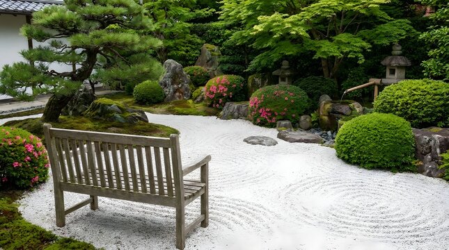 Bench in a serene garden with gravel path
