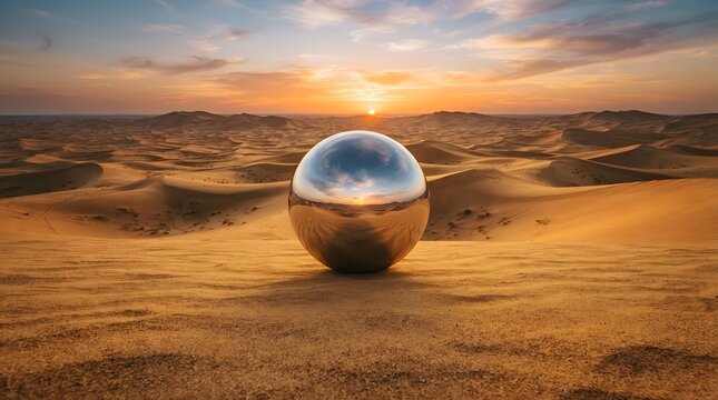 A metallic chrome sphere resting on a vast desert sand dune at sunset