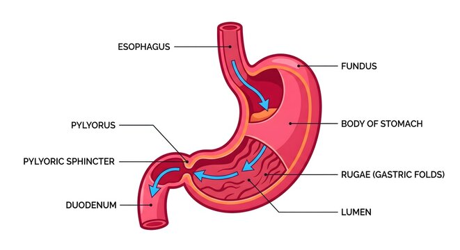 Human stomach anatomy cross section diagram with medical labels showing internal structure and digestive flow