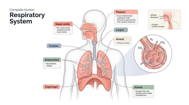 Complete human respiratory system anatomy diagram with medical labels showing lungs and alveoli structure