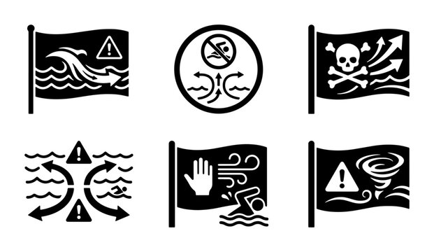 Beach Warning Flags Set, Safety Icons, Danger Symbols, Water Hazards, Weather Alerts, Vector Collection