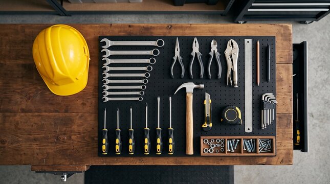 Workbench with organized hand tools and helmet. Professional workshop equipment for repair.