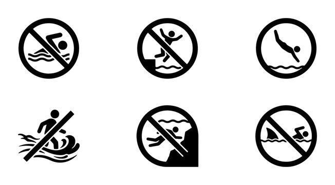 Prohibited Water Activities Set, Safety Warning Icons, No Swimming Signs, Danger Symbols