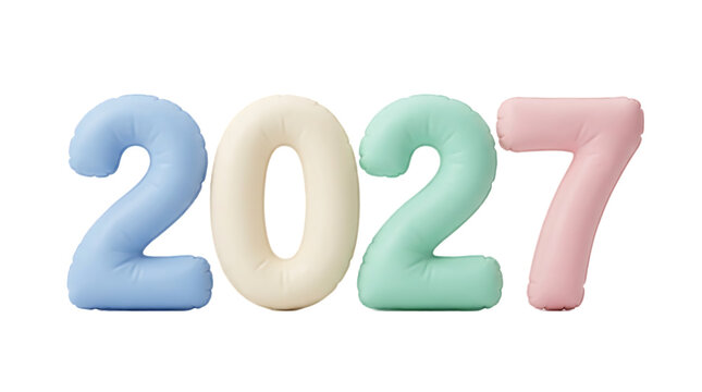 Pastel colored balloon numbers two zero two seven isolated on transparent background for new year celebration party greeting cards or festive decorations for happy holidays and events.