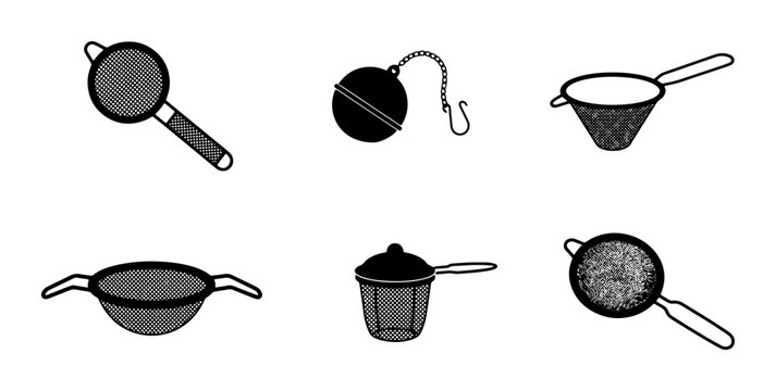 Kitchen Strainers and Sieves Collection, 6 Vector Elements for Food Prep and Cooking