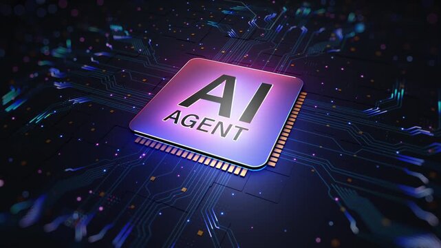 Futuristic AI Agent Processor Chip On Digital Circuit Board Representing Autonomous Intelligence, Machine Learning, Advanced Computing And Next Generation Technology, Technology Background concept