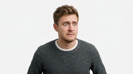 Fototapeta premium A young man with fair skin and brown hair showing a fearful or worried expression on his face against a white background, looking sideways