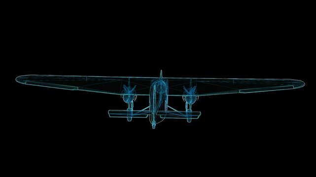 Detailed 3D HUD wireframe attack aircraft with 360-degree rotation, futuristic holographic blueprint for aviation and military visualization.