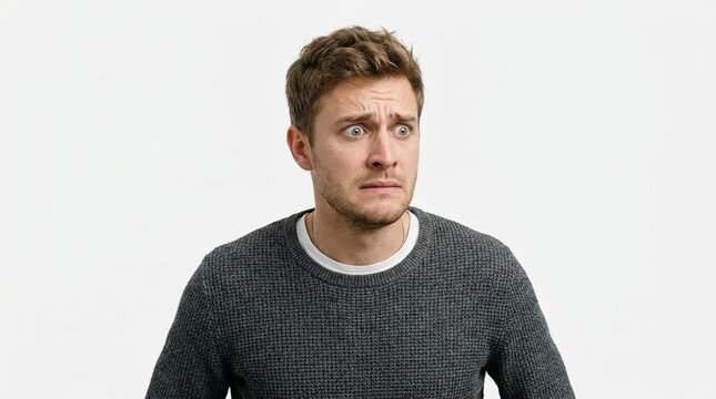 A young man with fair skin and brown hair showing a fearful or worried expression on his face against a white background, looking sideways