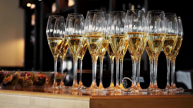 Rows of champagne glasses filled with sparkling wine on a bar counter before a reception or celebration. Elegant catering setup for weddings, parties and corporate events.