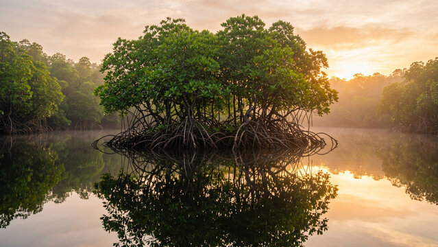 Mangrove Trees in Calm Tropical Water at Sunrise with Golden Reflection and Morning Mist
