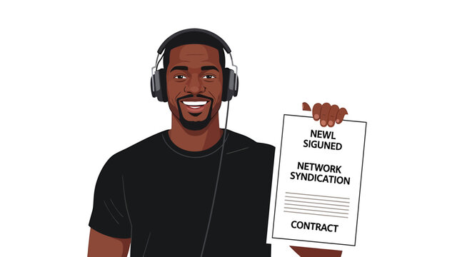 African American Podcast Host Holding Signed Syndication Contract