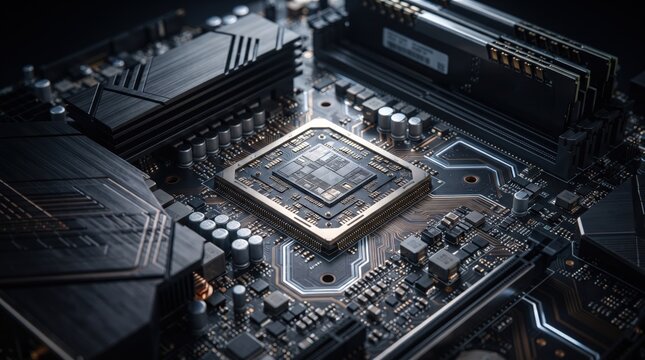 Microprocessor chip sits mounted on a detailed computer motherboard with intricate circuitry and hardware components representing advanced modern computing technology.
