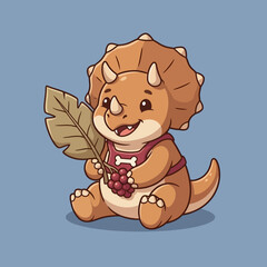 Cute Baby Triceratops Dinosaur Character Holding Leaf Vector Illustration © Arviz