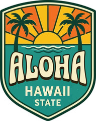 Fototapeta premium Aloha Hawaii State vibrant shield logo with palm trees and sunset