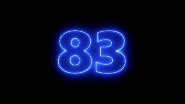 Glowing blue neon number eighty-three isolated on a solid black background, vibrant electric light typography for digital countdowns, modern signage style, contrast minimalist